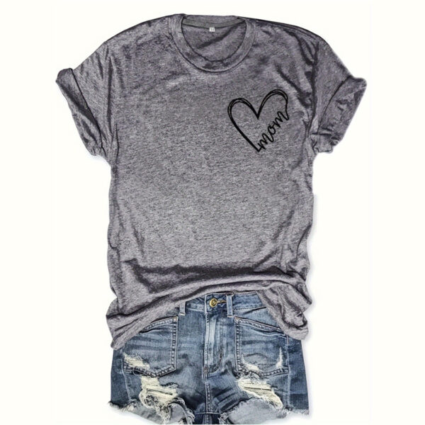 Women's Heart & Letter Print Crew Neck T-Shirt, Casual Short Sleeve Top For Spring & Summer - Image 3