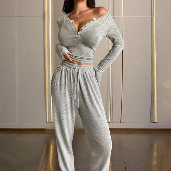 Women's Solid Color Fall&Winter Pants Set - Sexy V-Neck Button-Up Fitted Long Sleeve T-Shirt & High-Waist Flared Wide-Leg Stretchy Pants - Image 5