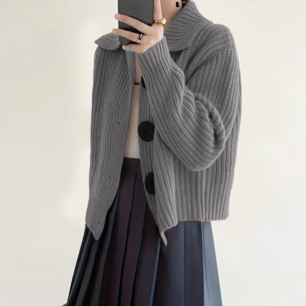 Plus Size Women's Solid Color Single-Breasted Ribbed Knit Cardigan - Long Sleeve Fall&Winter Sweater - Image 5