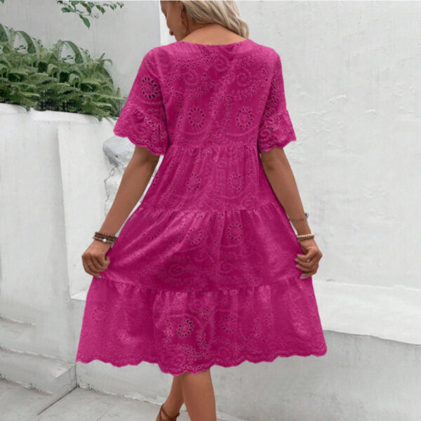 Women's Round Neck Embroidered Lace Short Sleeve A-Line Elegant Summer Vacation Dress - Image 5