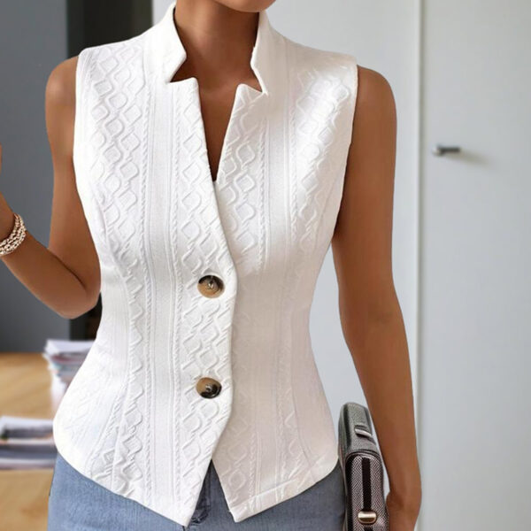 Women's Elegant Solid Color Stand Collar Sleeveless Vest - Ribbed & Button Detail Summer Casual Outerwear - Image 9