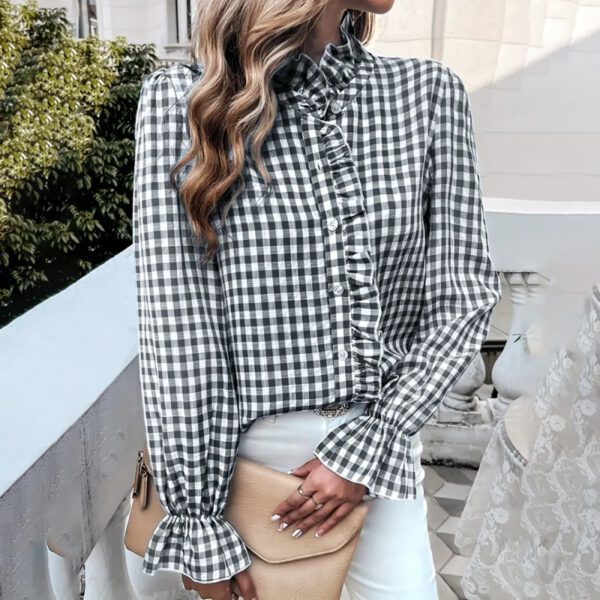 Women's French Style Checkered Button-Up Shirt - Elegant Plaid Pattern, Stand Collar With Ruffled Cuffs, Comfortable Wear - Image 4