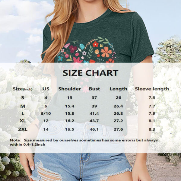 Women's Floral Heart Print Short Sleeve T-Shirt Summer Casual Round Neck Blouse - Image 4