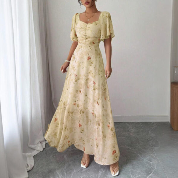 Women's Solid Color Square Neck Short Sleeve Butterfly Print Flowy Dress A-Line Summer Vacation Maxi Dress - Image 4