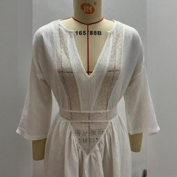 Women's Solid Color Deep V-Neck Long Sleeve Translucent Stitching Design Maxi Beach Bohemian Style Dress - Image 5