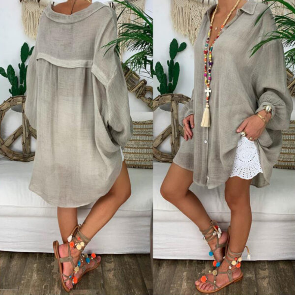 Plus Size Women's Solid Color Notch Lapel Long Sleeve Dress With Button Front Sheer Lightweight Midi Dress For Summer - Image 8