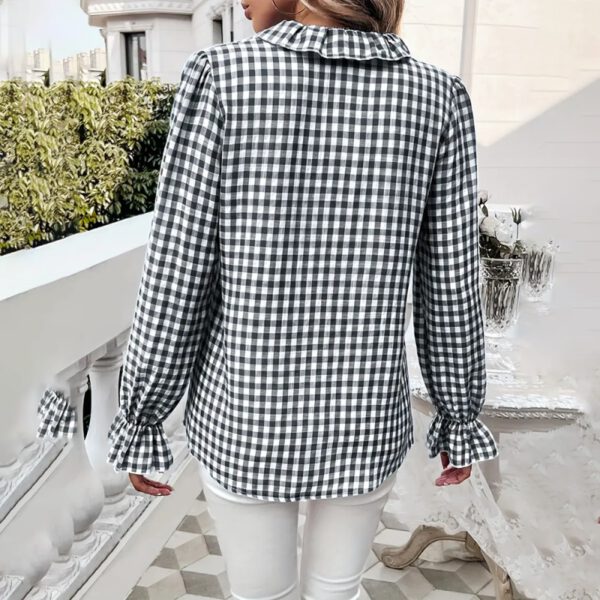 Women's French Style Checkered Button-Up Shirt - Elegant Plaid Pattern, Stand Collar With Ruffled Cuffs, Comfortable Wear - Image 7