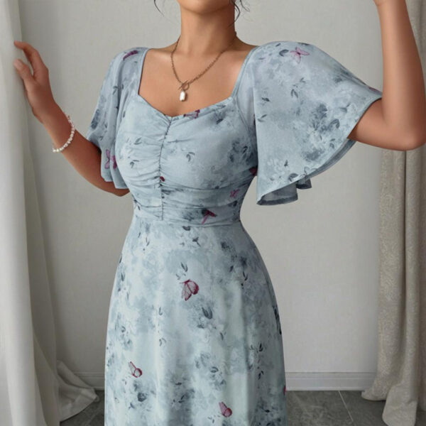 Women's Solid Color Square Neck Short Sleeve Butterfly Print Flowy Dress A-Line Summer Vacation Maxi Dress - Image 6