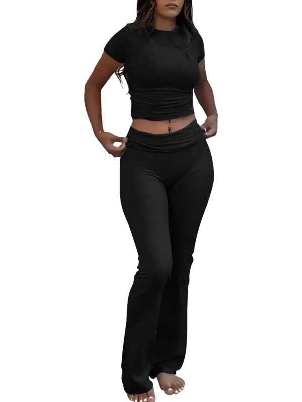 Casual Solid Color Slim Fit Two-piece Pants Set, Short Sleeved Round Neck T-shirt And Tight Flared Pants Sports Pants Clothing, Women's Clothing - Image 4