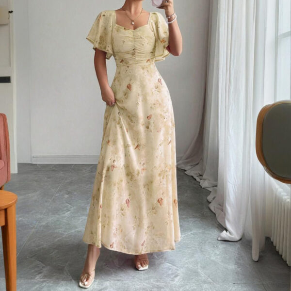 Women's Solid Color Square Neck Short Sleeve Butterfly Print Flowy Dress A-Line Summer Vacation Maxi Dress - Image 10