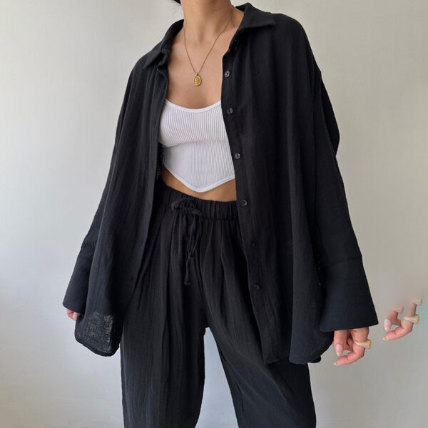 Women's Solid Color Lapel Collar Long Sleeve Shirt & High-Waist Pants Set - Casual Loose Fit Spring&Summer Outfit - Image 7