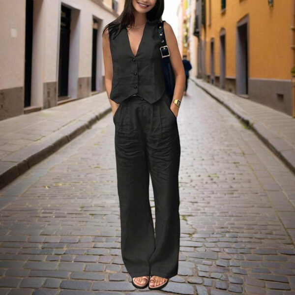 Women's Solid Color V-Neck Vest Two-Piece Set Button Front Vest Top With Pocket Pants For Spring & Summer Casual Outfit - Image 10
