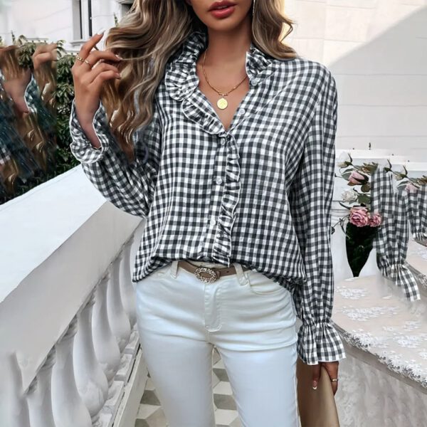 Women's French Style Checkered Button-Up Shirt - Elegant Plaid Pattern, Stand Collar With Ruffled Cuffs, Comfortable Wear - Image 2