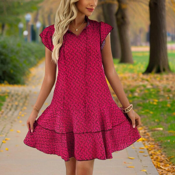 Women's Solid Color Print V-Neck Short Sleeve Dress - Summer Comfort Lace Trim Dress With Tie Detail - Image 9