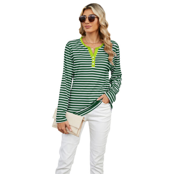 Women's V-neck Striped Loose Long-sleeved T-shirt Top - Image 3