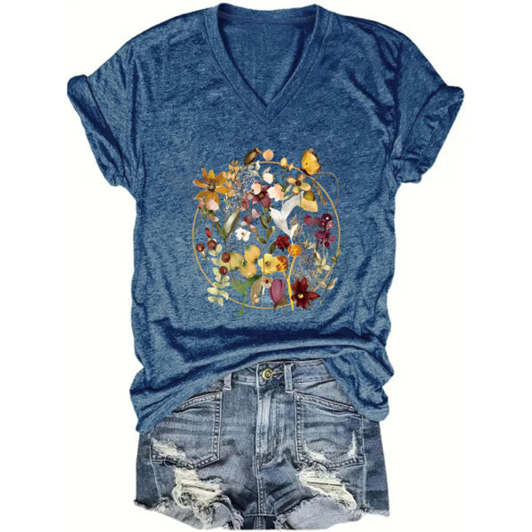Women's V-Neck Short Sleeve T-Shirt - Colorful Floral Print - Summer Casual Blouse - Image 4