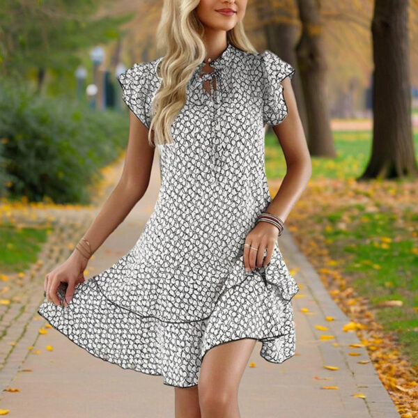 Women's Solid Color Print V-Neck Short Sleeve Dress - Summer Comfort Lace Trim Dress With Tie Detail - Image 4