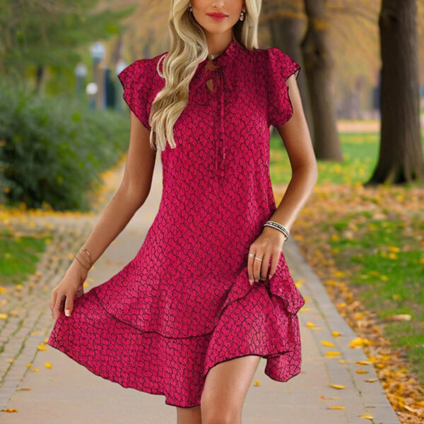 Women's Solid Color Print V-Neck Short Sleeve Dress - Summer Comfort Lace Trim Dress With Tie Detail - Image 10