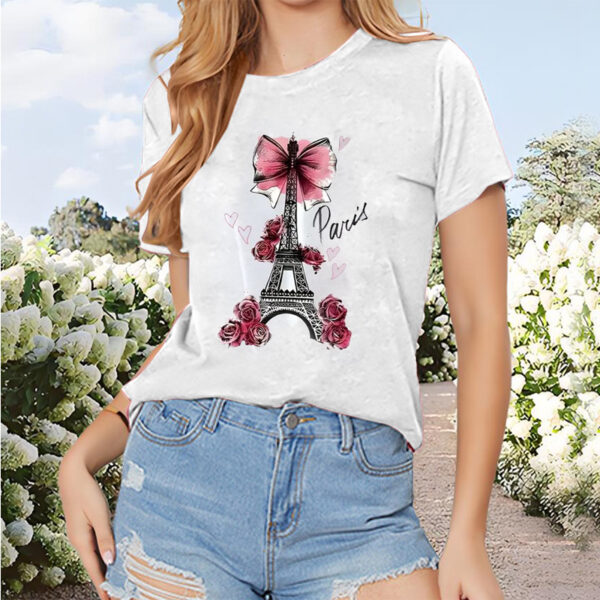 Women's Paris Eiffel Tower & Floral Bow Print Tee - Fashion Round Neck Summer Top