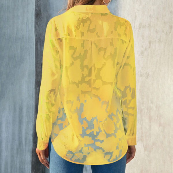 Womens Casual Sheer Button Down Shirts Long Sleeve V Neck Jacquard Blouses Tops - Image 7