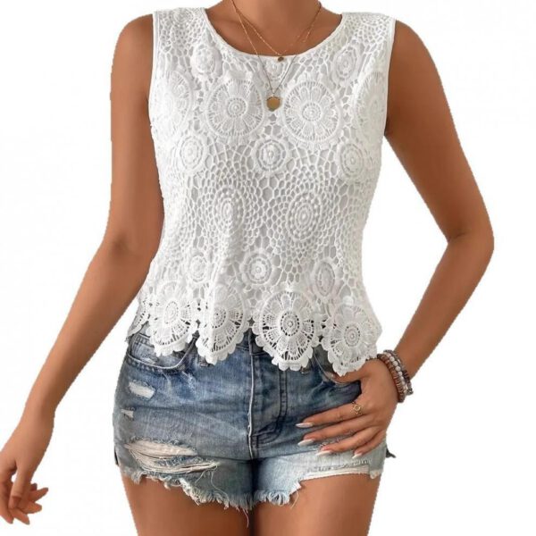 Womens Floral Lace Tank Top Sleeveless Blouse Crew Neck Hollow Out Summer Casual Shirt - Image 4