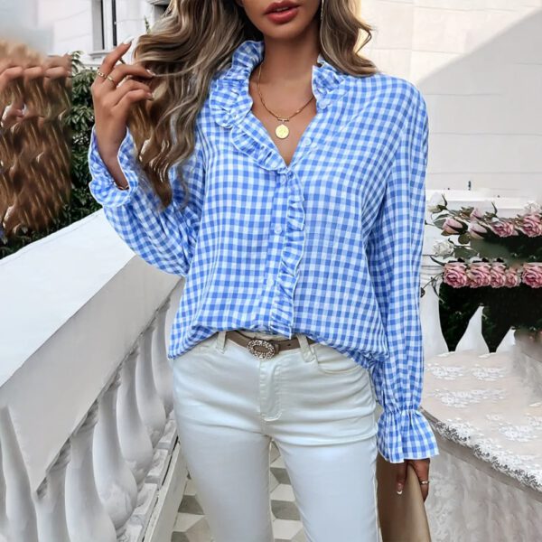 Women's French Style Checkered Button-Up Shirt - Elegant Plaid Pattern, Stand Collar With Ruffled Cuffs, Comfortable Wear - Image 10