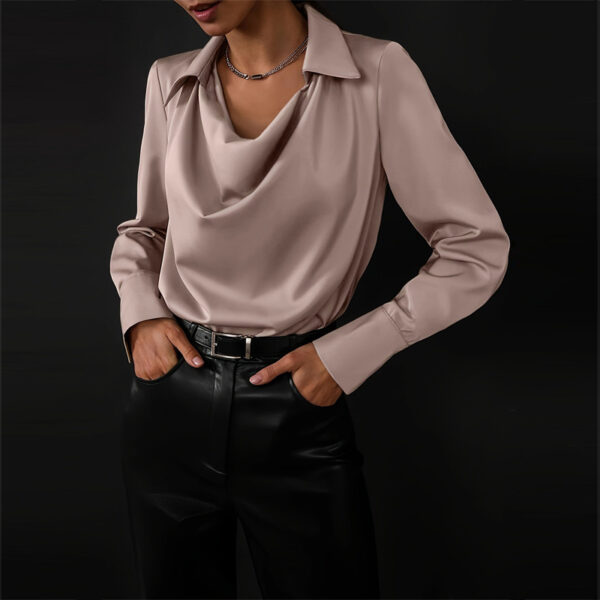 Women's Solid Color Long Sleeve Cowl Neck Blouse With Draped Detail - Elegant Office Formal Shirt For Spring&Fall - Image 7