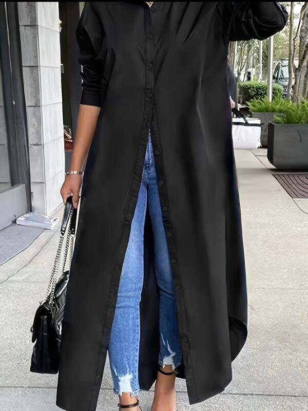 Women's Solid Button Design Longline Shirt, Casual Long Sleeve Outerwear For Daily Wear, Ladies Clothes For All Seasons, Top - Image 5