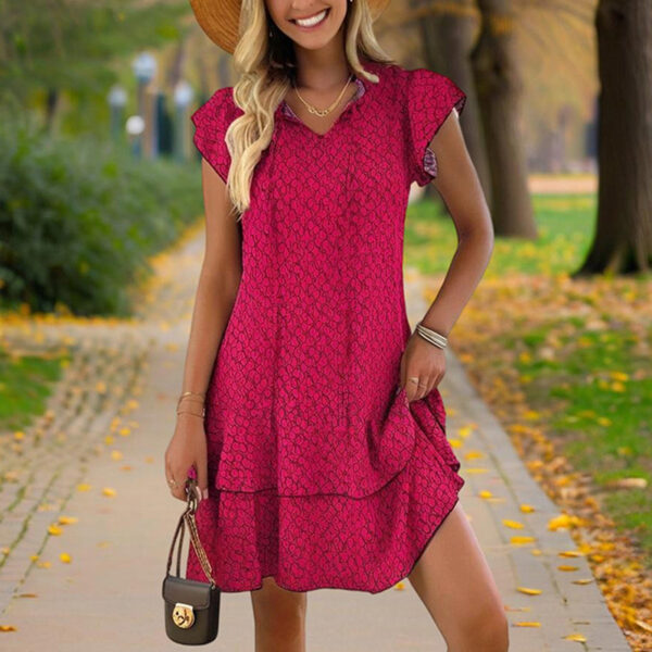 Women's Solid Color Print V-Neck Short Sleeve Dress - Summer Comfort Lace Trim Dress With Tie Detail - Image 5