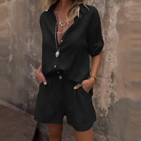 Women's Solid Color Lapel Short Sleeve Shorts Set - Button-Up Casual Two-Piece Outfit With Pocketed Shorts Summer Minimalist Outfit - Image 4