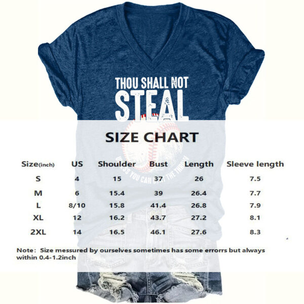 Women's V-Neck 'Thou Shall Not Steal' Baseball Graphic T-Shirt - Humorous Casual Short Sleeve Tee, Soft Top For Summer - Image 2
