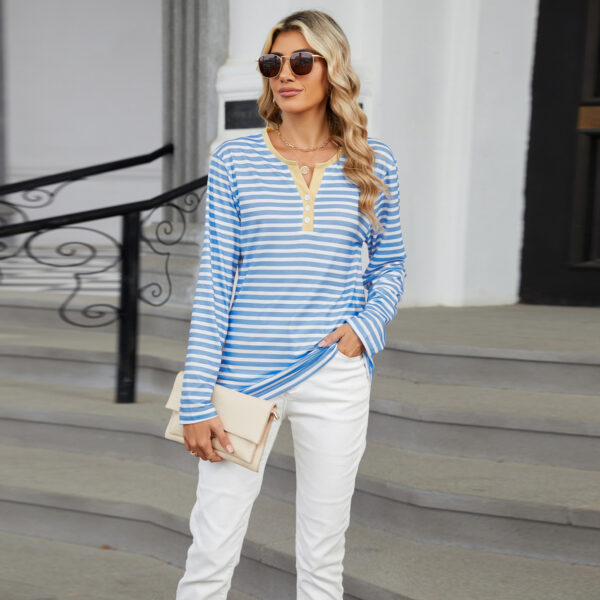 Women's V-neck Striped Loose Long-sleeved T-shirt Top - Image 4