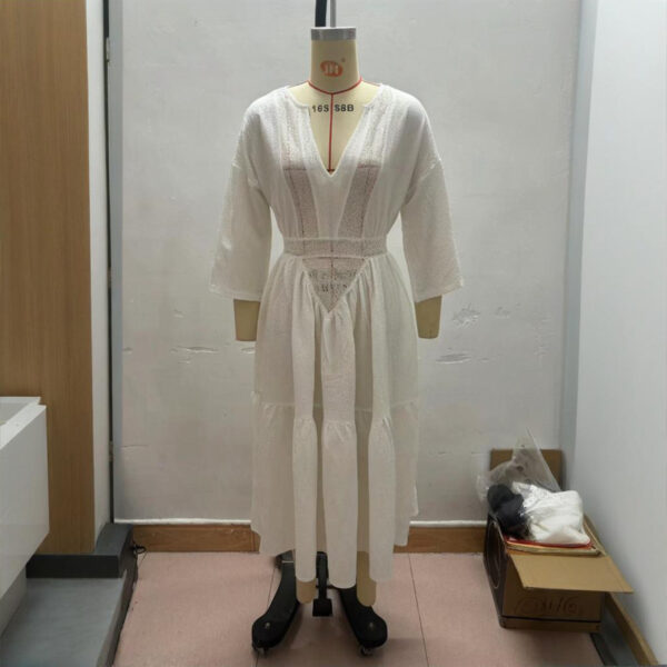 Women's Solid Color Deep V-Neck Long Sleeve Translucent Stitching Design Maxi Beach Bohemian Style Dress - Image 4