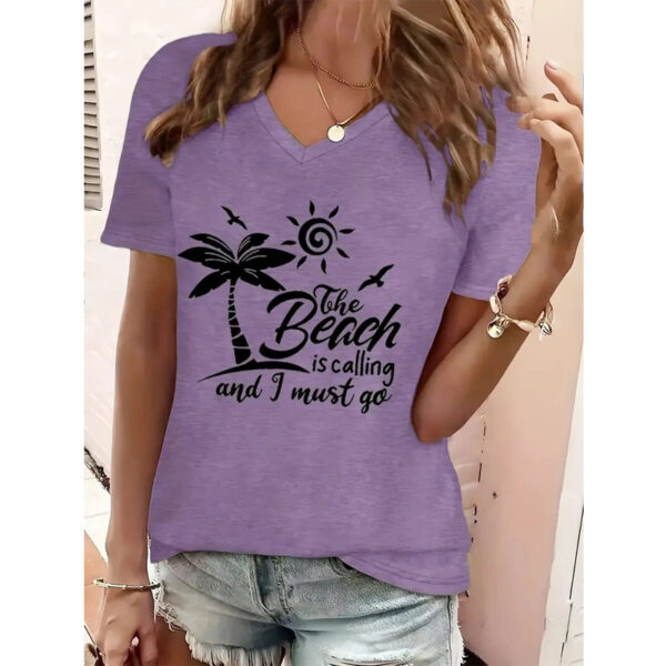 Women's V-Neck Beach Scene & Slogan Print Vacation Summer Top - Image 3