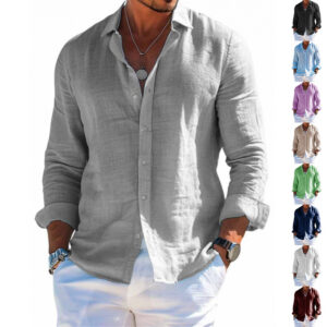 Men's Long Sleeve Shirt Casual Loose Lapel Button Top Solid Color Plus Size Blouse Clothing