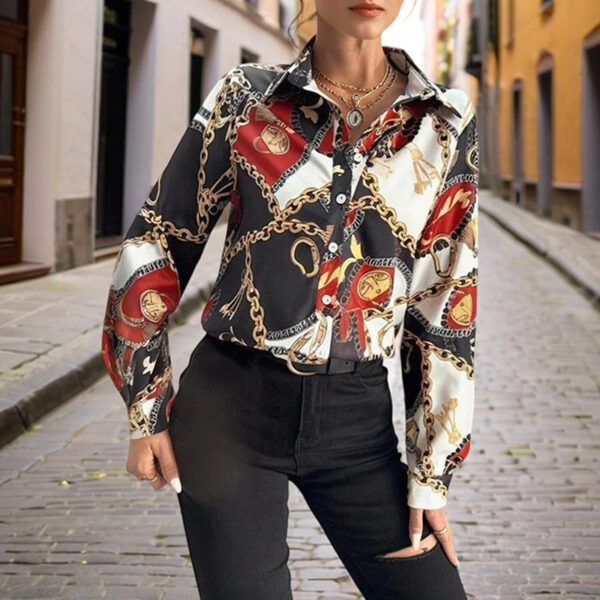 Women's Lapel Long Sleeve Shirt - Fitted Cut Intricate Print Button-Up Design Casual Spring&Fall Wear - Image 2