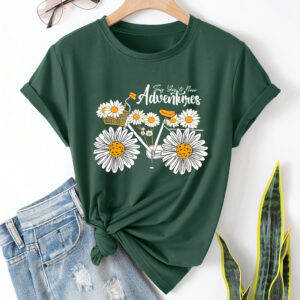 Women's Sunflower Bicycle Print Round Neck Tee - Summer Casual T-Shirt
