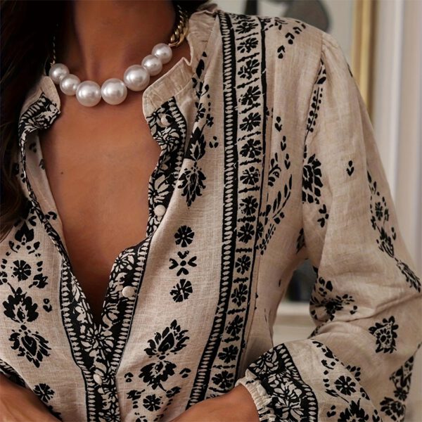 Women's Elegant Printed Blouse - Flowy Boho Shirt With Lantern Sleeves & Lace Trim, Vintage Ethnic Style Loose Top For Spring&Fall - Image 2