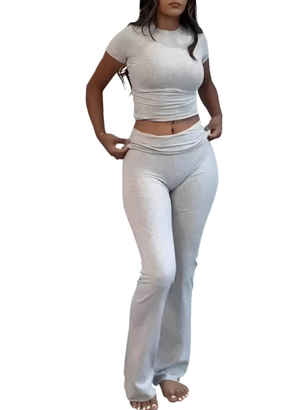 Casual Solid Color Slim Fit Two-piece Pants Set, Short Sleeved Round Neck T-shirt And Tight Flared Pants Sports Pants Clothing, Women's Clothing - Image 8