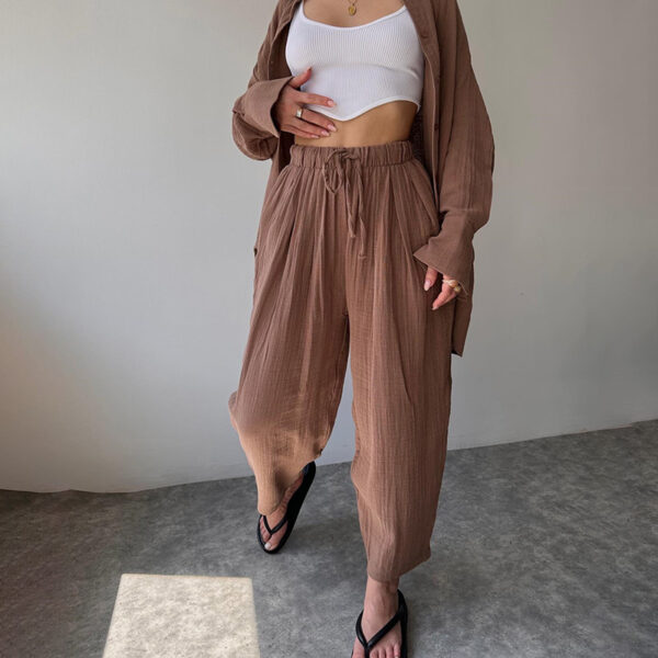 Women's Solid Color Lapel Collar Long Sleeve Shirt & High-Waist Pants Set - Casual Loose Fit Spring&Summer Outfit - Image 3