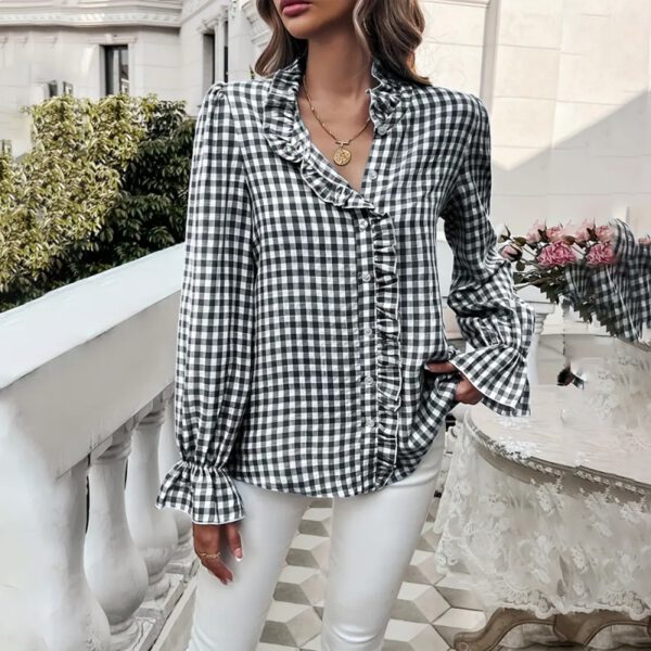 Women's French Style Checkered Button-Up Shirt - Elegant Plaid Pattern, Stand Collar With Ruffled Cuffs, Comfortable Wear - Image 8