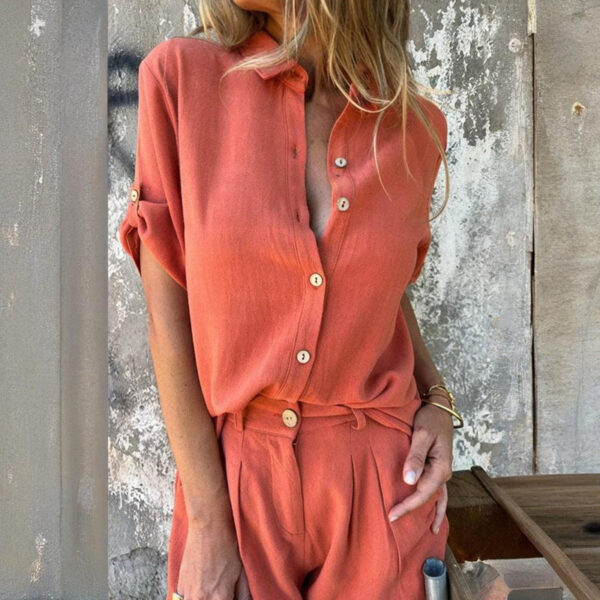 Women's Solid Color Lapel Short Sleeve Shorts Set - Button-Up Casual Two-Piece Outfit With Pocketed Shorts Summer Minimalist Outfit - Image 10