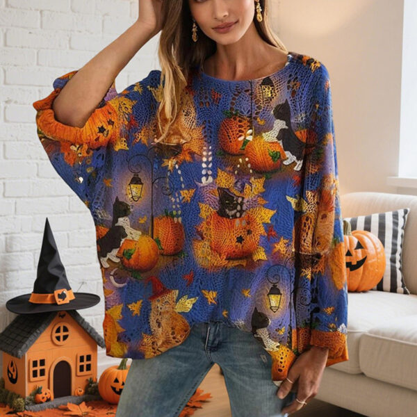Women's Diamond Hollow Out Batwing Sleeve Top - Loose Fit Pumpkin Halloween Print Blouse For Spring Summer - Image 8