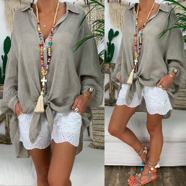 Plus Size Women's Solid Color Notch Lapel Long Sleeve Dress With Button Front Sheer Lightweight Midi Dress For Summer - Image 10