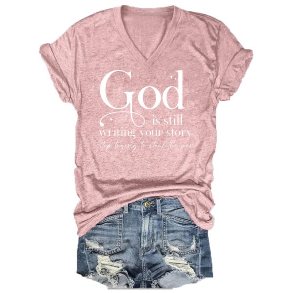 Women's V-Neck Short Sleeve T-Shirt - 'God' Letter Print, Summer Casual Top