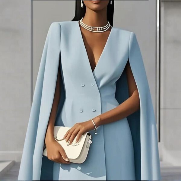 Women's Elegant Solid Color V Neck Double-Breasted Cape Blazer Dress Spring & Summer Party Banquet Outfit - Image 10