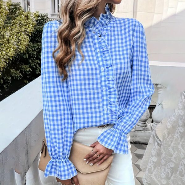 Women's French Style Checkered Button-Up Shirt - Elegant Plaid Pattern, Stand Collar With Ruffled Cuffs, Comfortable Wear - Image 6