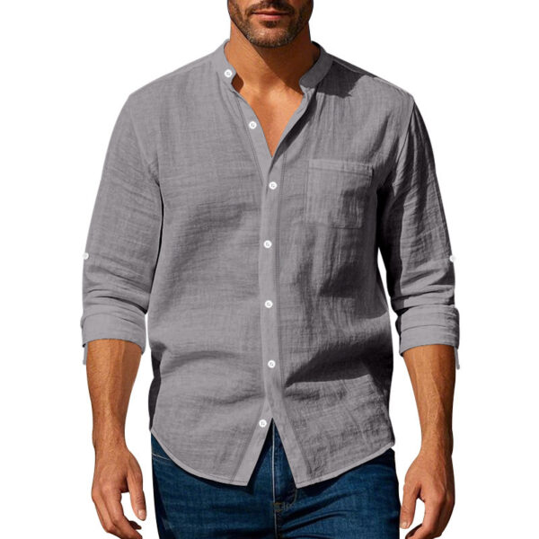 Long Sleeve Stand Collar Shirt With Pockets Casual Men's Clothing - Image 7