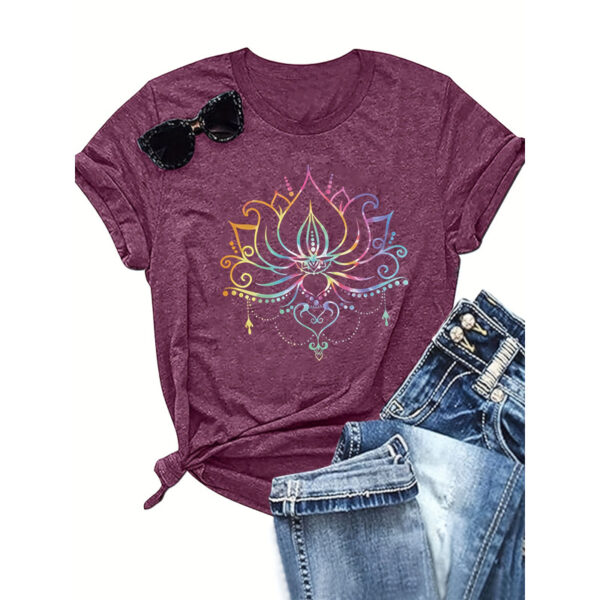 Women's Round Neck Short Sleeve T-Shirt With Colorful Lotus Print, Casual Summer Top - Image 3