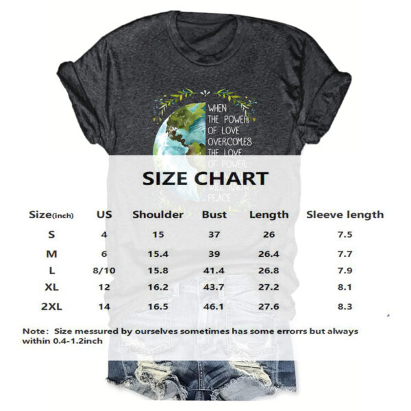 Women's Earth & Peace Slogan T-Shirt - 'Love Power & Green Earth' Print Casual Tee, Eco-Friendly Short Sleeve Crew Neck Top - Image 4